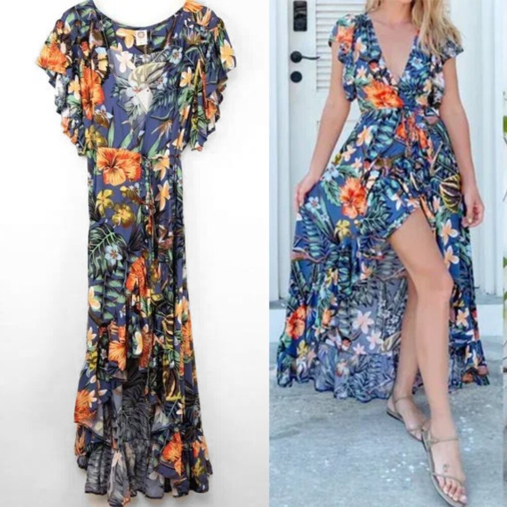 Bali Elf "Carmen" Wrap Dress Maxi Tropical Monkey Floral Print Blue Size XL New